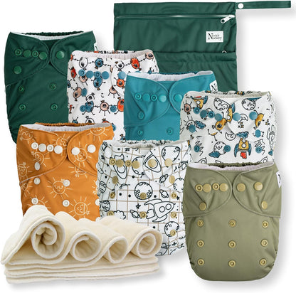 Nora's Nursery Cloth Diapers 7 Pack with 7 Inserts & 1 Wet Bag - Waterproof Cover, Washable, Reusable & One Size Adjustable Pocket Diapers for Newborns and Toddlers - Delilah