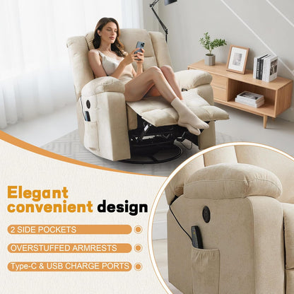 Korser Rocker Recliner, Glider Recliner Chairs for Adults, 360° Swivel Rocking Chair with Massage and Heating, Nursery Chair with Storage and USB Charging for Living Room, Bedroom, Nursery
