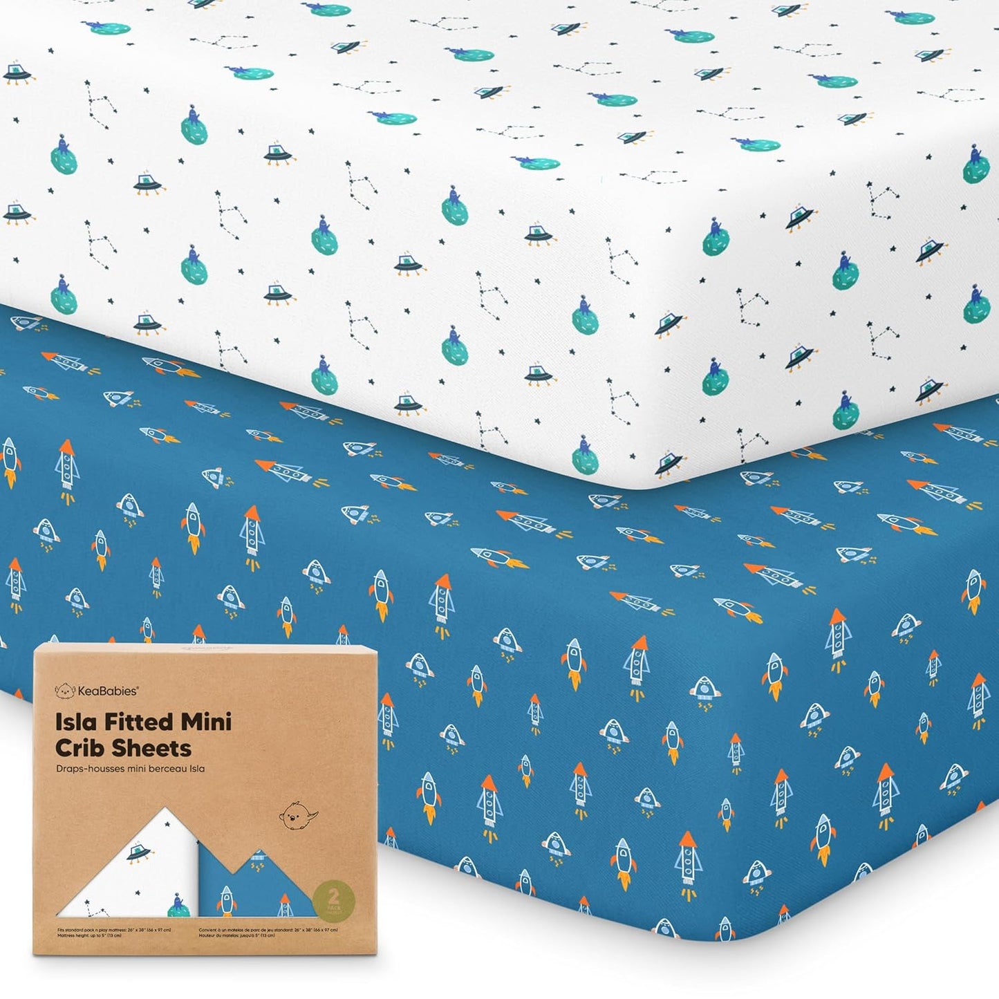 2-Pack Waterproof Pack and Play Sheets, Mini Crib Sheets Fitted for Boy, Girl - 38 x 26 Viscose from Bamboo Pack N Play Mattress Sheets for Graco, Toddler Playard Baby Crib Sheets Neutral (Blue Flax) - Colors A