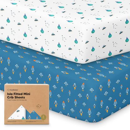 2-Pack Waterproof Pack and Play Sheets, Mini Crib Sheets Fitted for Boy, Girl - 38 x 26 Viscose from Bamboo Pack N Play Mattress Sheets for Graco, Toddler Playard Baby Crib Sheets Neutral (Blue Flax) - Colors A