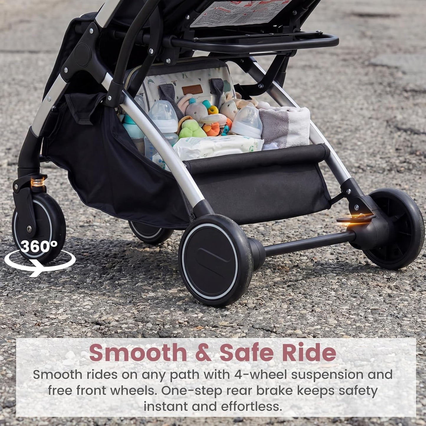 INFANS Travel Stroller, Lightweight Compact Baby Stroller for Airplane with One-Hand Fold, Multi-Position Recline, Canopy, 4 Wheel Suspension, Storage Basket (Grey+Black)
