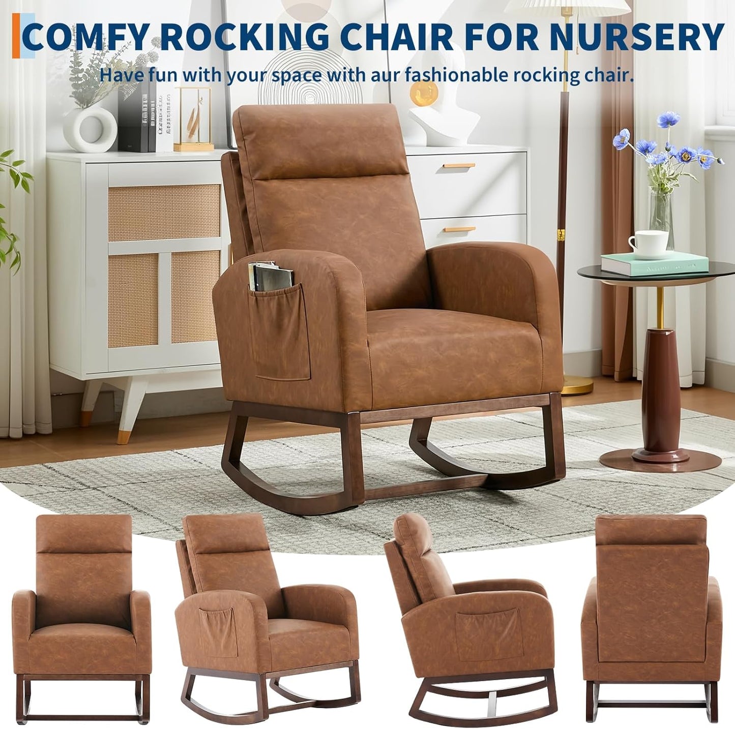 Garvee Teddy Fleece Nursery Rocking Chair,Upholstered Glider with 26" High Backrest, Padded Seat,Modern 300 Lbs Weight Capacity Accent Recliner for Living Room, Bedroom, Reading