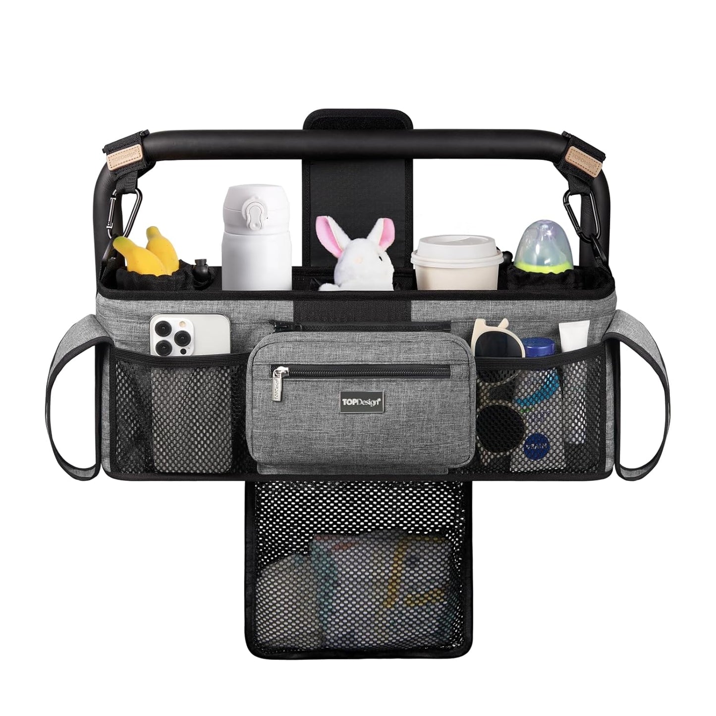 TOPDesign Universal Baby Stroller Organizer, Stroller Caddy with Detachable Mesh Bag & Heightened Insulated Cup Holders & Non-Slip Secure Hooks Accessories, Fits Most Strollers (Checkerboard) - Colors A