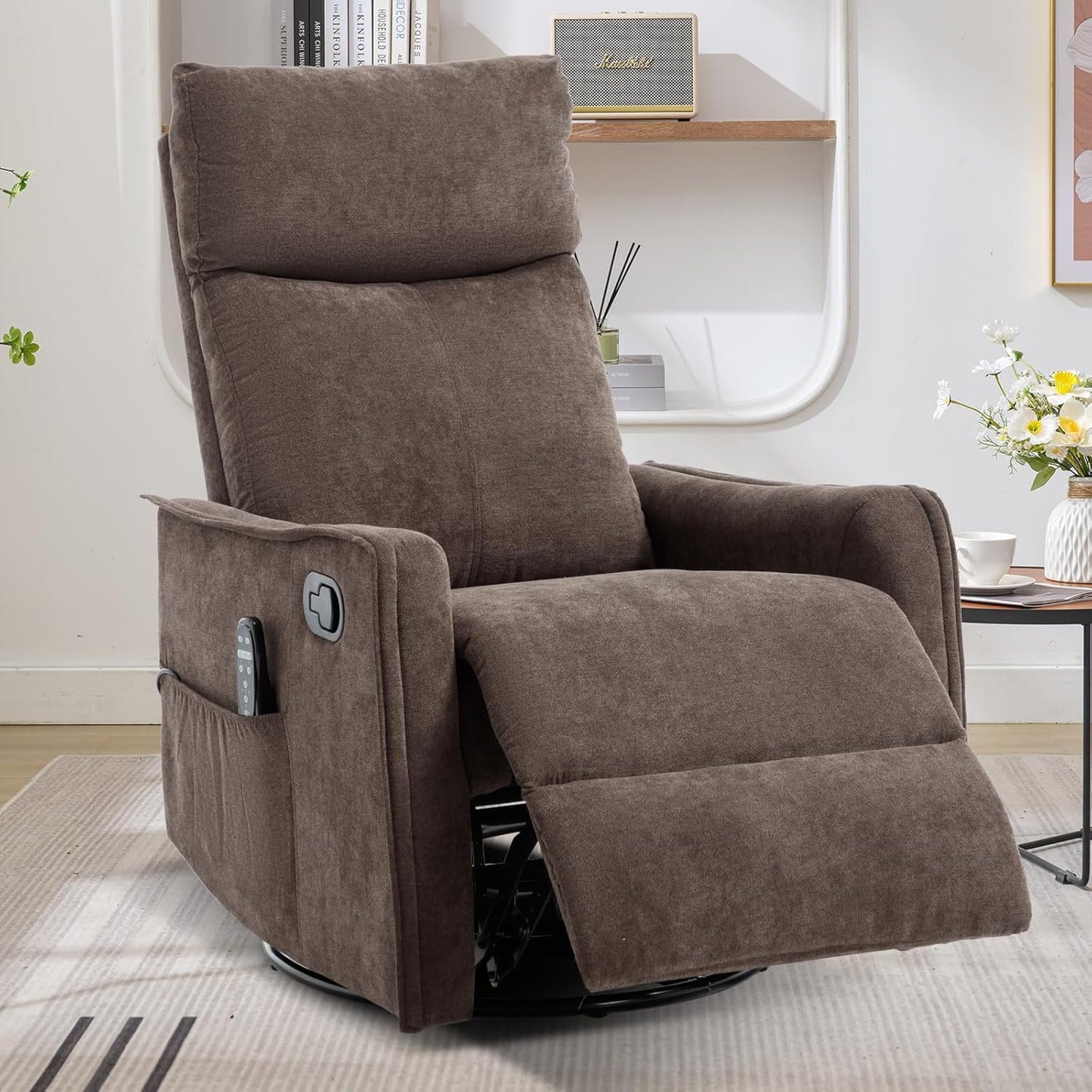 Trustyue Swivel Rocker Recliner Chair, 360° Swivel Recliner with Heat and Massage, Rocker Recliner Nursery Glider Chair with Side Pockets for Living Room (Beige, Fabric)