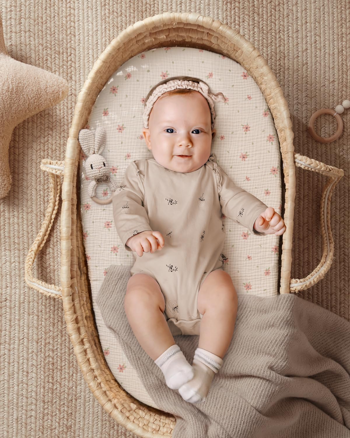 Blissful Diary Muslin Bassinet Sheets for Baby Girls Boys, Boho Soft Cotton Fitted for Oval Hourglass Rectangle Mattress, 2 Pack(Sunshine&Brown)