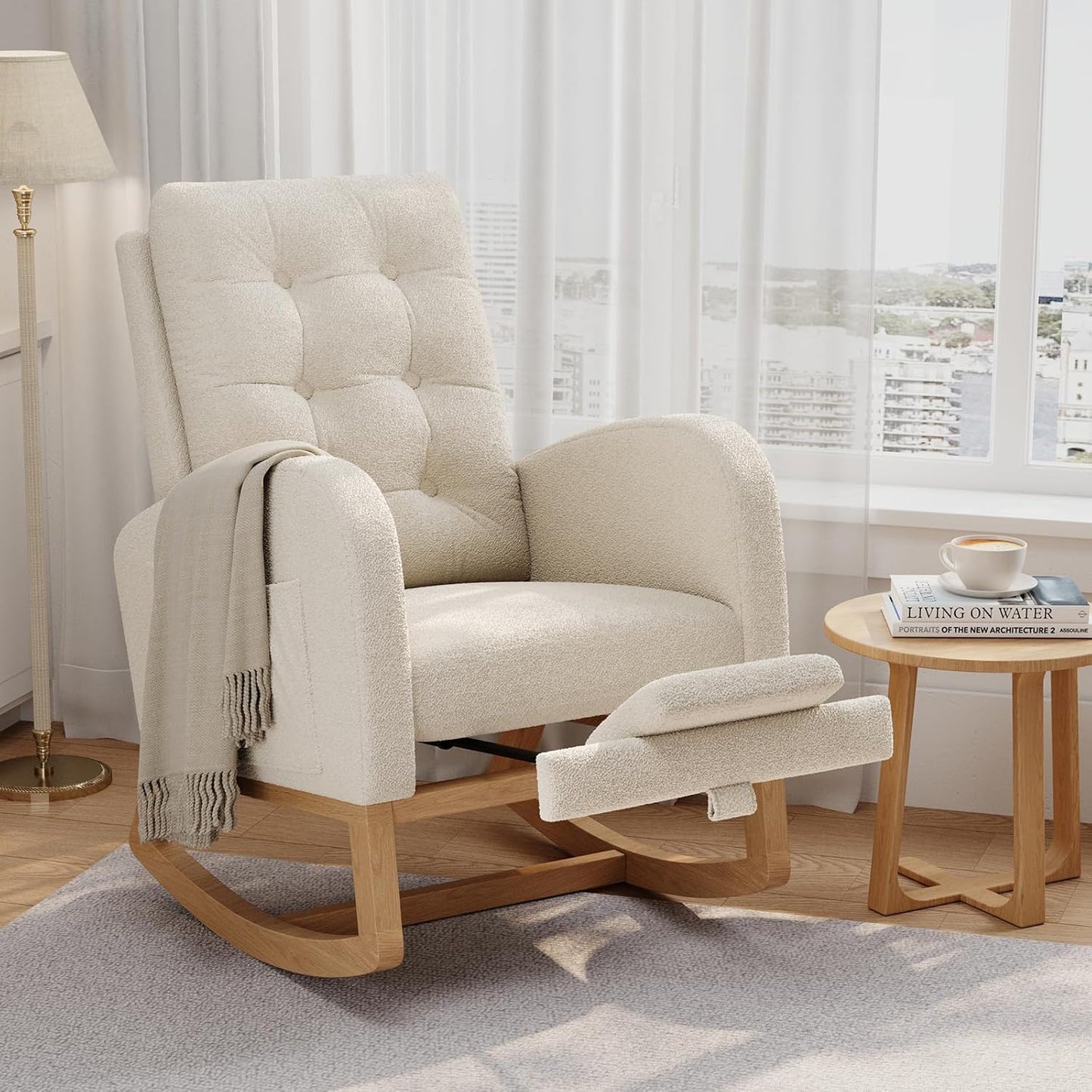 GarveeHome Nursery Rocking Chair with Adjustable Footrest, Teddy Fleece Upholstery, Sturdy Wooden Legs & High Backrest, Comfortable Glider Rocking Chair for Living Room or Bedroom, Pink