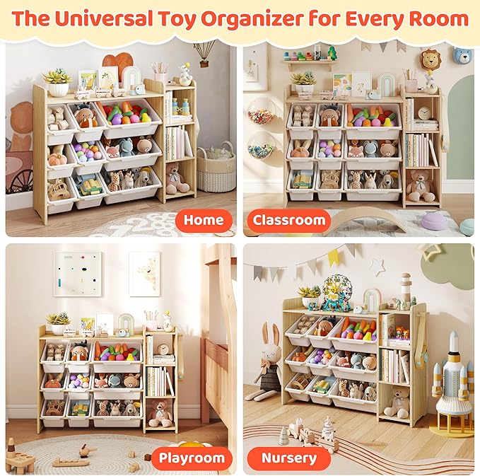 DOREROOM Toy Storage Organizer with Bookshelf, Kids Toy Storage and Organizers with 3 Shelves/9 Bins/3 Hooks, Bin Shelf, Toy Organization for Playroom, Nursery, Bedroom, Toddler Room | Wood & White
