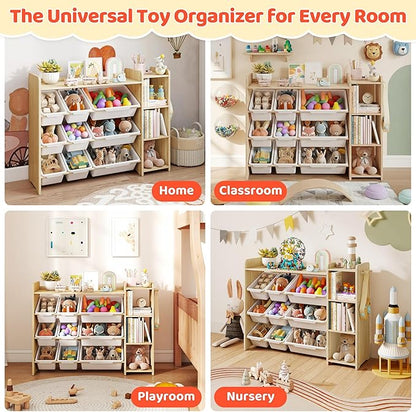 DOREROOM Toy Storage Organizer with Bookshelf, Kids Toy Storage and Organizers with 3 Shelves/9 Bins/3 Hooks, Bin Shelf, Toy Organization for Playroom, Nursery, Bedroom, Toddler Room | Wood & White