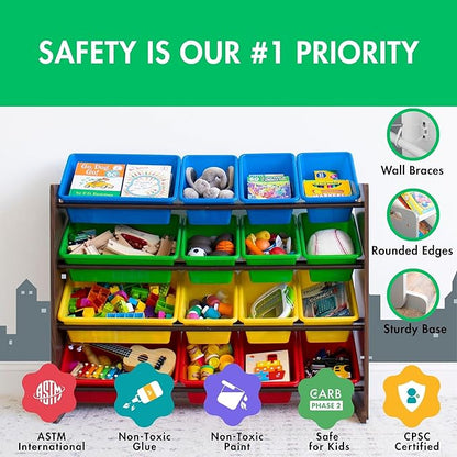 Humble Crew Toy Storage Organizer with 16 Removable Storage Bins for Kids Playroom, 4-Tier Toddler Toy Organization and Storage, Walnut/Primary