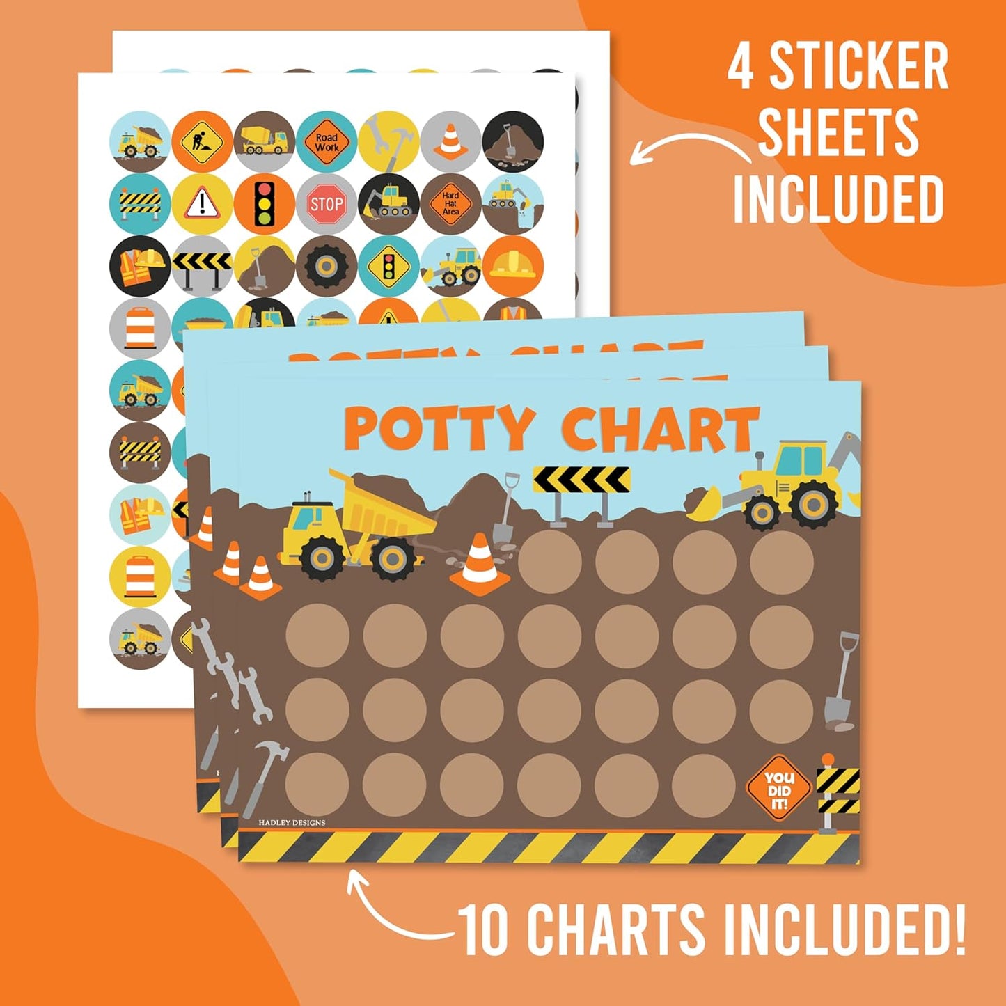 Hadley Designs Potty Training Chart for Toddlers Boys -10 Sticker Potty Chart for Toddlers Boys, 8.5x11" Potty Training Sticker Charts for Toilet Success, Monster Truck Toddler Reward Chart for Kids