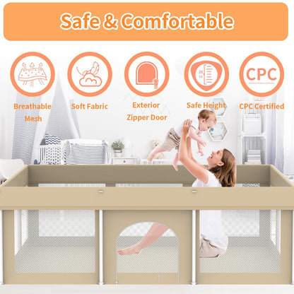 Foldable Large Baby Playpen 71"×71", Portable Playard for Babies & Toddlers, Lightweight Safety Baby Fence, No Installation, Indoor & Outdoor Playpen with 150 Ocean Balls, Beige