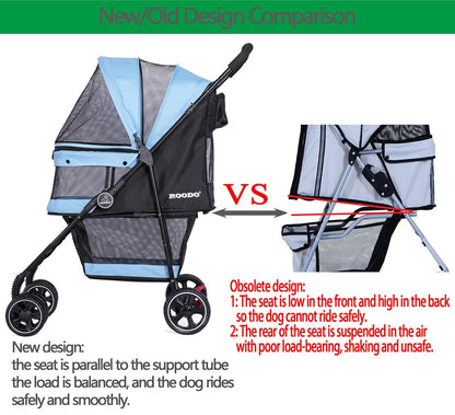 ROODO 4 Wheel Dog Cat Pet Stroller Best Lightweight Foldable Compact Portable Jogger All Terrain Travel Pet Gear Puppy Doggie Bunny Kitty Stroller for up to 30lbs Medium Small Dogs Cats(Light Khaki)