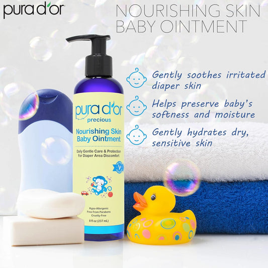 PURA D'OR Baby Ointment, 8 Oz, Moisturizing Balm for Sensitive Skin, Diaper Area, Dryness, Protective Barrier, Gentle Care, Jojoba, Almond, Sunflower, Avocado Oils, Beeswax, Vitamin E, Daily Comfort