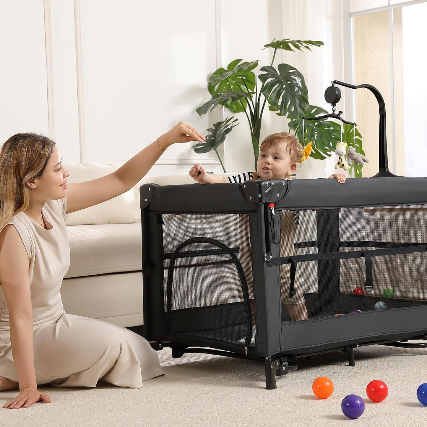 4 in 1 Pack and Play, Portable Travel Baby Bassinet, Foldable Travel Playard Playpen for Toddler, Bedside Crib Sleeper, Diaper Changer Table, Baby Playard for Newborn (Black)