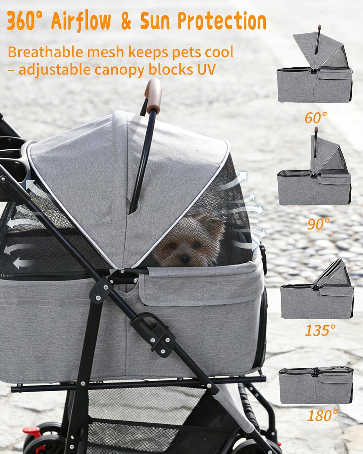 Pet Stroller with Removable Carrier, 35lbs Capacity - One-Click Foldable Dog Stroller, Cat Carrier & All-Terrain Wheels, Compact Travel Pet Stroller for Small to Medium Pets-Gray