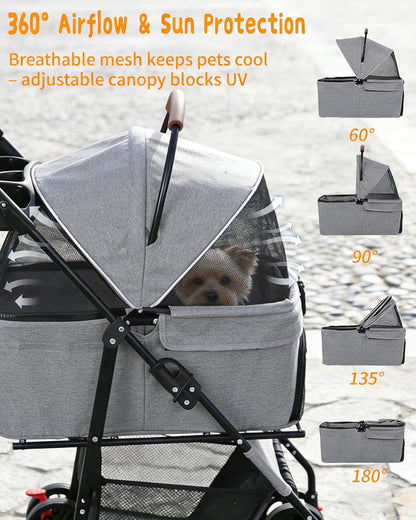 Pet Stroller with Removable Carrier, 35lbs Capacity - One-Click Foldable Dog Stroller, Cat Carrier & All-Terrain Wheels, Compact Travel Pet Stroller for Small to Medium Pets-Gray