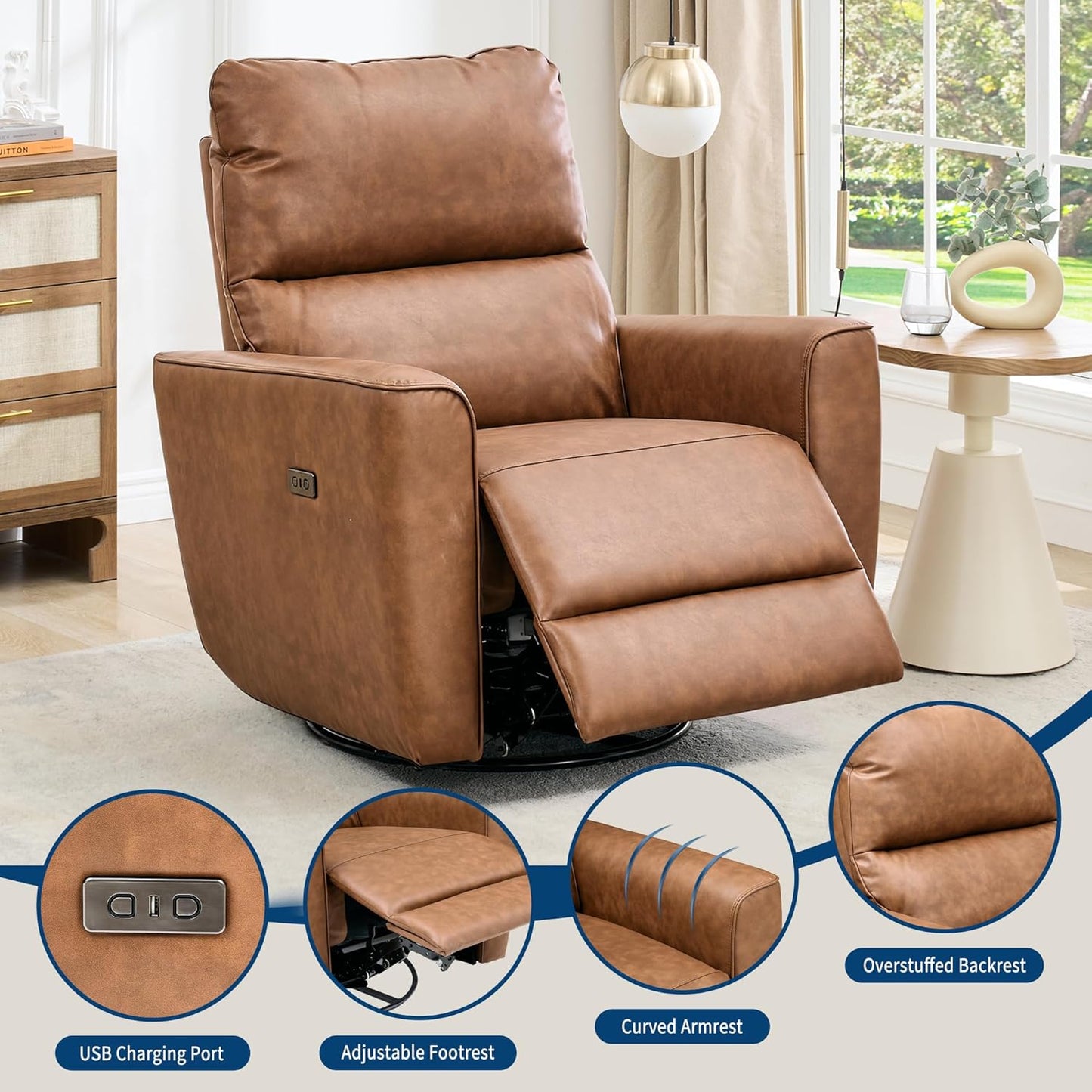 IDEALHOUSE Swivel Rocking Nursery Recliner Chair Rocker Recliner Glider Deep Seat PU Leather Sofa Chair with high Backrest for Nursery, Living Room, Bedroom & Home Movie Theater (Chocolate)