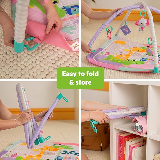 Bright Starts Wild Wiggles Sweet Safari Foldaway Baby Play Gym & Mat, Foldable with 5 Removable Toys, Machine-Washable Mat, for Ages 0-36 Months