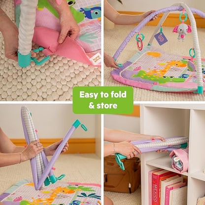 Bright Starts Wild Wiggles Sweet Safari Foldaway Baby Play Gym & Mat, Foldable with 5 Removable Toys, Machine-Washable Mat, for Ages 0-36 Months