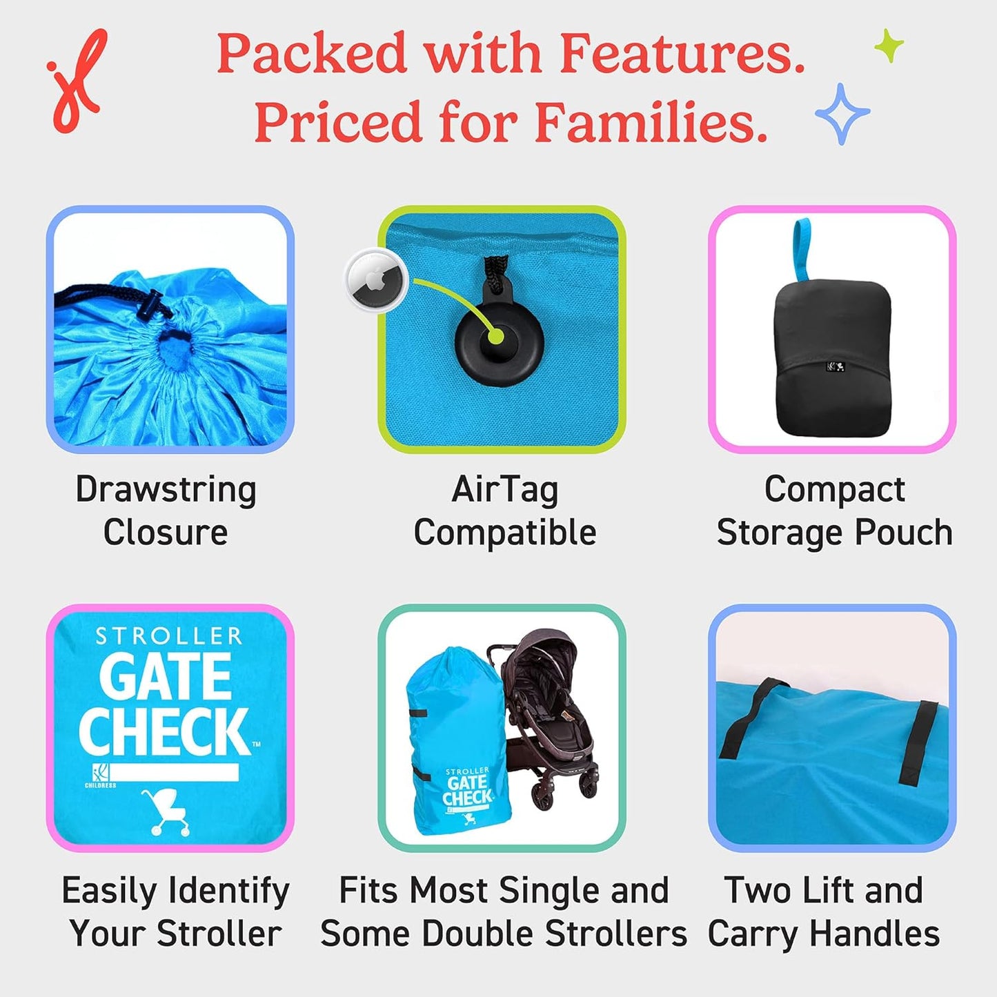 J.L. Childress Gate Check Bag for Single & Some Double Strollers - Travel Bag for Airplane, Fits Most Standard Baby Strollers, Airport Accessories for Gate Check, Flying Essentials - Red