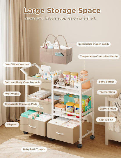 Twinkoo 2-in-1 Baby Diaper Caddy Organizer, 3 Tier Rolling Storage Cart with Dividers and Drawers, Baby Essentials for Nursery Storage, Mobile Utility Cart with Wheels Large Capacity Easy to Assemble