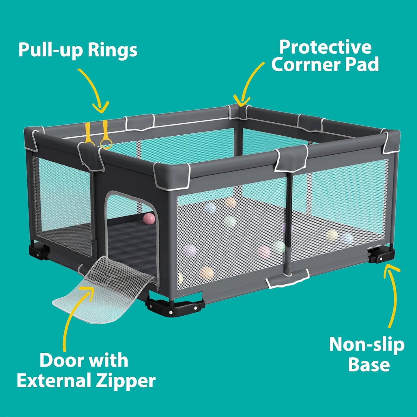 ICAREWAY Foldable Playpen for Babies and Toddlers, 50x50 Inches Portable Playpen, Kids Collapsible Play Pen with 2 Handlers, Indoor & Outdoor Baby Fence Play Area with Visible Mesh, Dark Gray