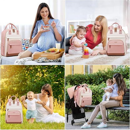 LOVEVOOK Diaper Bag Backpack, Baby Bag with Changing Pad, Large Diaper Backpack Boy Girl, Waterproof Baby Registry Bag for Mom Dad with Stroller Buckles, Pink-beige-brown