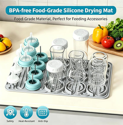 Silicone Baby Bottle Drying Mat, 20 Slots, BPA-Free Non-Toxic, Dishwasher Safe, Foldable Space-Saving Design for Nursery, Kitchen & Travel (Silicone Drying Mat)