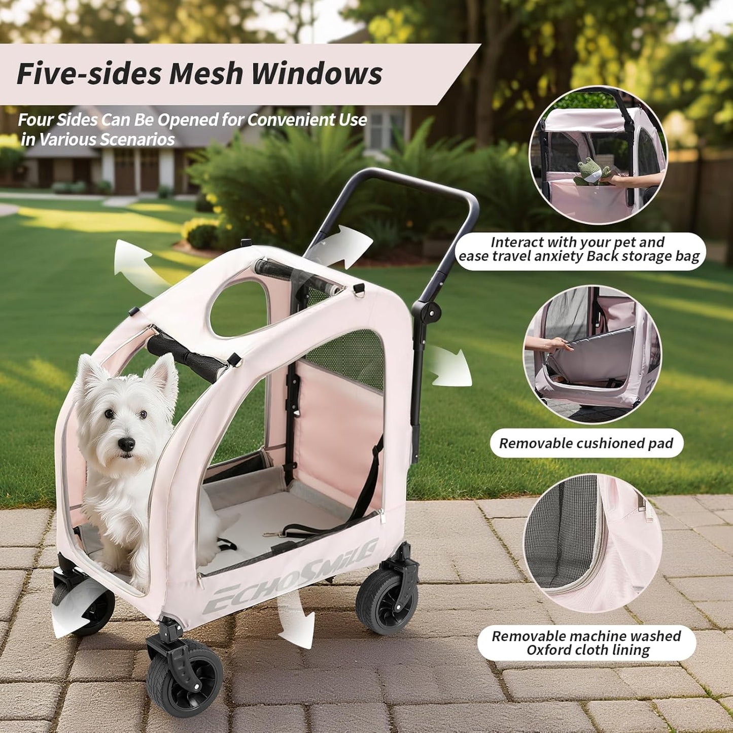 EchoSmile 4 Wheels Pet Stroller, Dog & Cat Stroller for All-Season, Lightweight Carrier with Storage Basket, Adjustable Handle, Removable Pad, Breathable Mesh, Up to 135 lbs, Grey