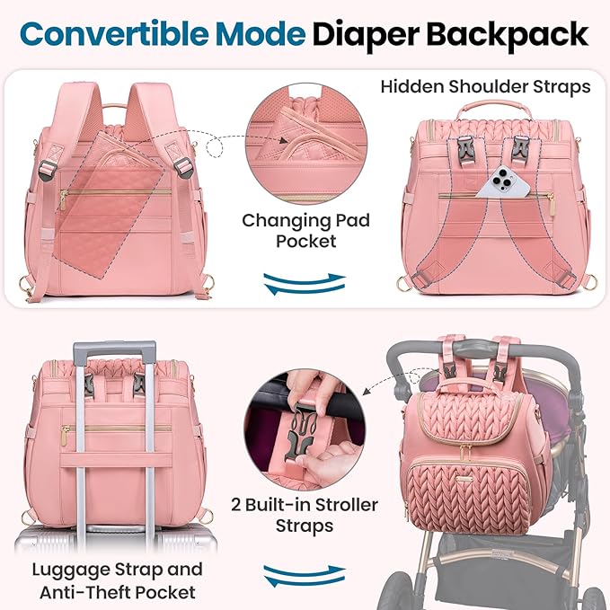 Tealari 4 in 1 Convertible Diaper Bag Backpack,Waterproof Baby Diaper Bag with Changing Pad,Converts into Baby Tote Bag,Diaper Backpack,Stroller Bag and Crossbody Diaper Bag