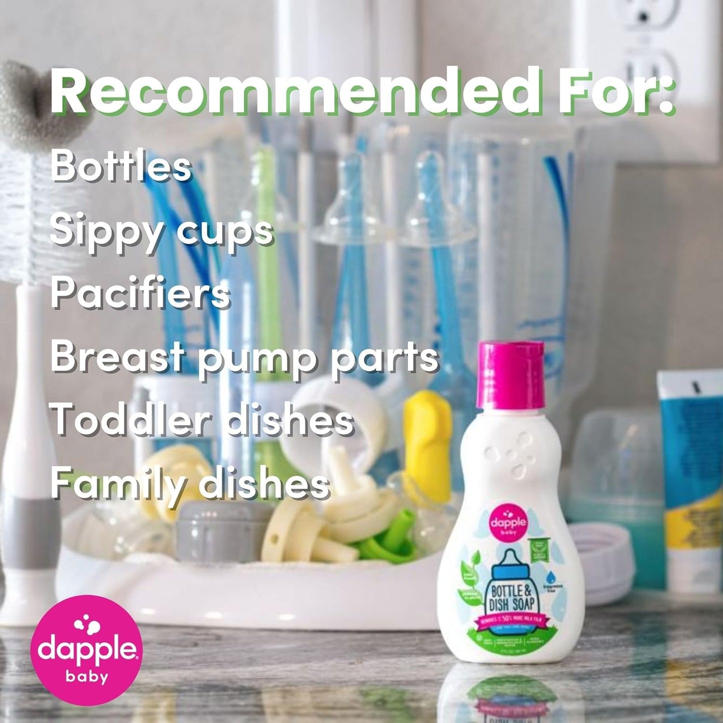 Dapple Baby Fragrance Free Bottle & Dish Soap - (3 Pack) 16.9 fl oz - Cleans Baby Bottles, Sippy Cups, Pacifiers, Breast Pumps, & More - Gently Removes Milk Film & Odors - Includes 1 Pump