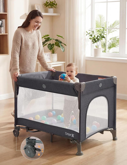 Dripex 5 in 1 Pack n Play Bedside Sleeper, 2-Level Height Baby Crib, Storage Pocket & Breathable Mesh - Foldable Portable Baby Bedside Bassinet for 0 to 12 Months (Travel/Home), Dark Grey