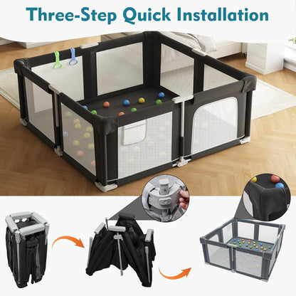 Foldable Playpen for Babies and Toddlers, 51" Portable Play Pen with Mat and Ocean Balls, Play Yard with with Visible Mesh for Inddor and Outdoor, No Assembly Required, Dark Gray