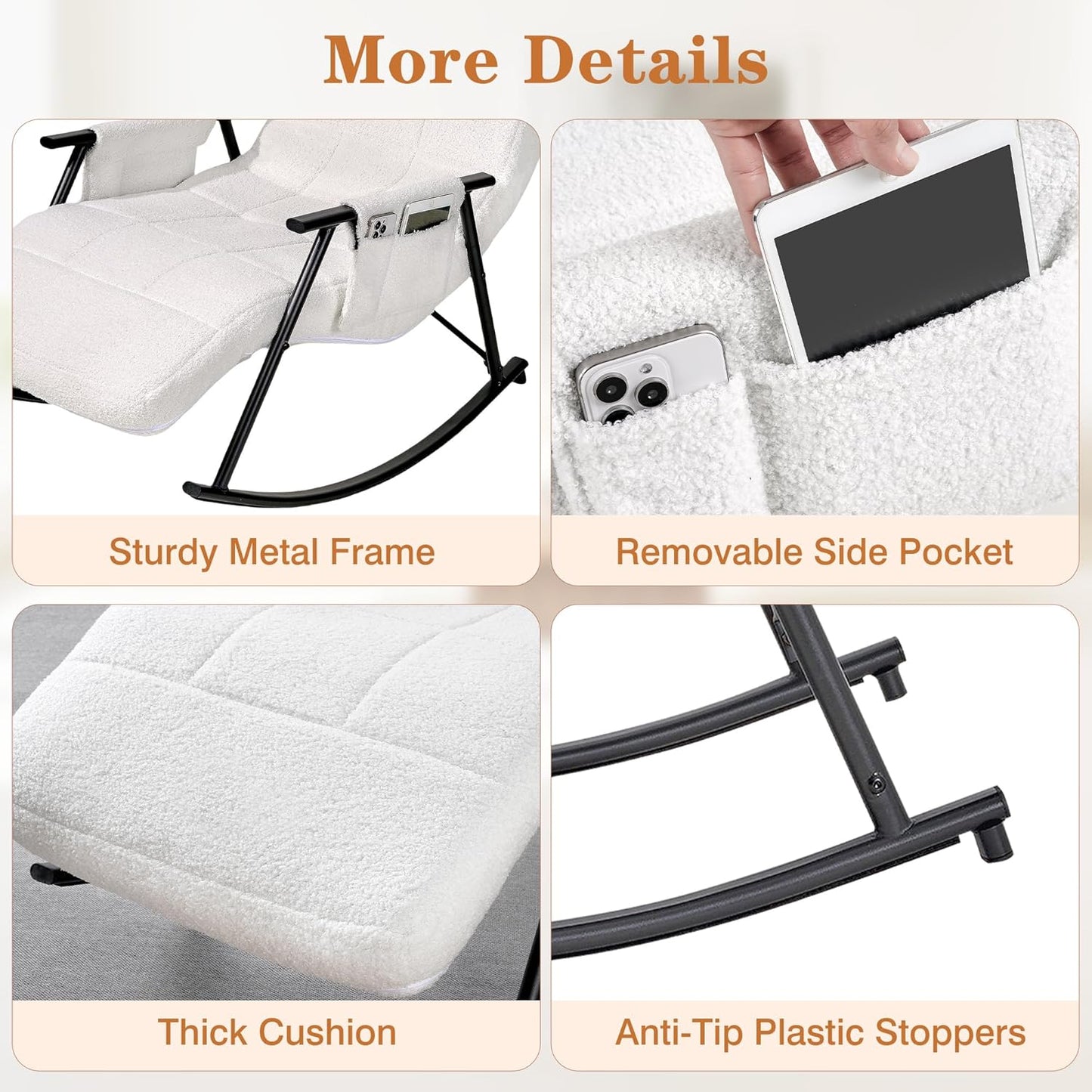 VECELO High Back Nursery Rocking Chair with Foot Rest, Teddy Upholstered Reclining Glider Rocker, Comfy Armchair Padded Seat Removable Side Pockets for Living Room, Bedroom, Balcony, White