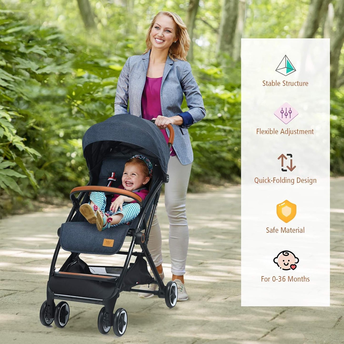 BABY JOY Lightweight Baby Stroller, Compact Toddler Travel Stroller for Airplane, Infant Stroller w/ 5-Point Harness, Adjustable Backrest/Footrest/Canopy, Storage Basket, Easy One-Hand Fold, Beige