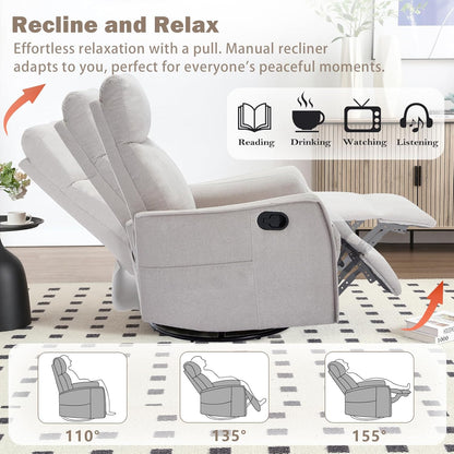 cinkehome Swivel Rocker Recliner, Glider Rocker Recliner Chair for Nursery, Manual Reclining Chair with Heated Massage, Small Spaces, Living Room, Khaki Chenille