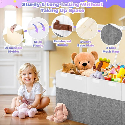 Extra Large Toy Storage Box with Lid, Collapsible Sturdy Toys Chest Storage Organizer Bin Basket with Divider for Kids, Boys, Girls, Closet, Playroom, Bedroom, Nursery, 40"X14"X16", Gray & White