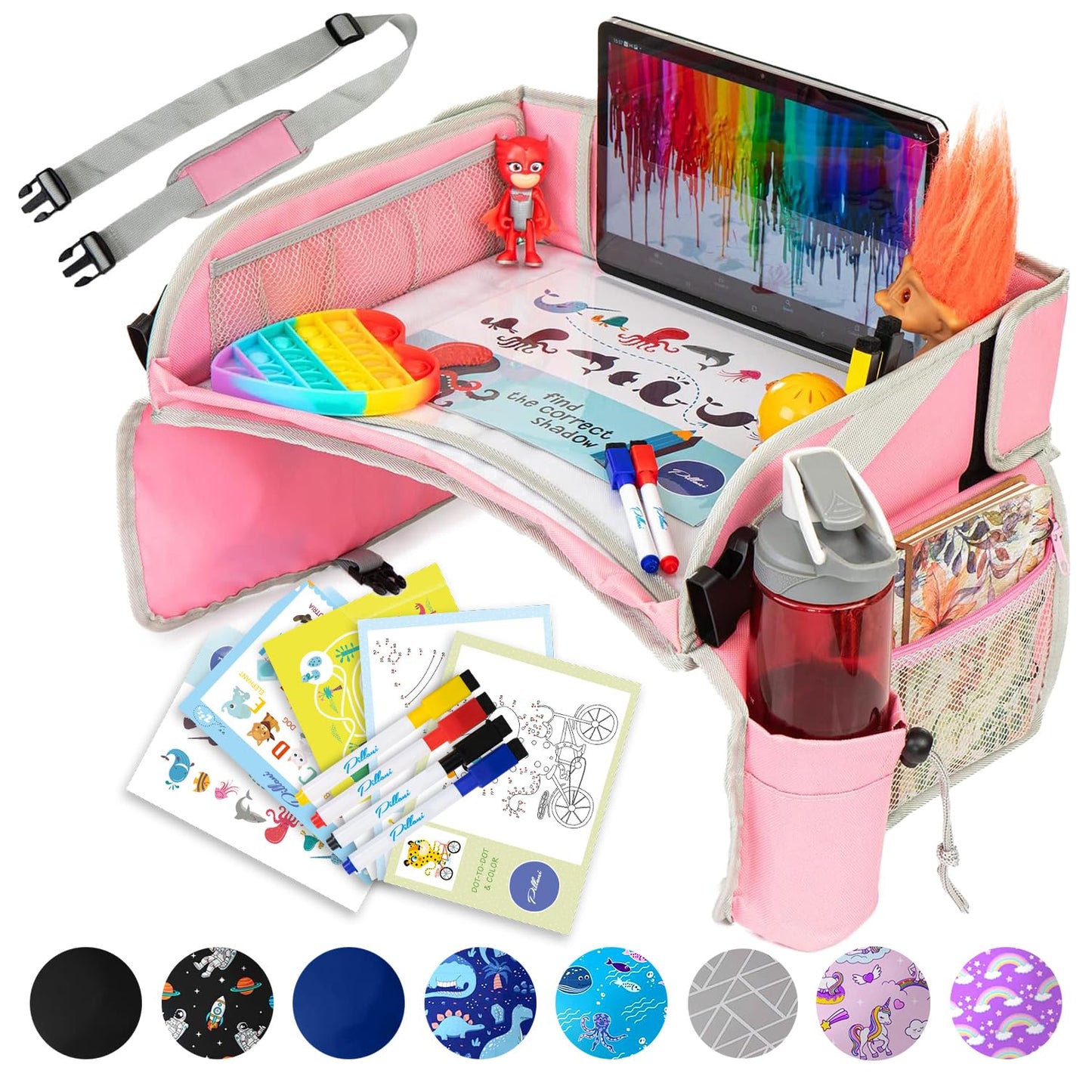 PILLANI Kids Travel Tray for Car Seat - Carseat Tray w/ iPad Holder & Dry Erase Board, Road Trip Activities - Toddler Lap Desk Organizer for Airplane - Roadtrip & Travel Essentials - Pack of 2, Pink