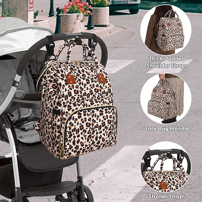Femuar Diaper Bag Backpack Multifunction Maternity Diaper Bag for Baby Girls & Boys Large Capacity Travel Nappy Bags Leopard Print