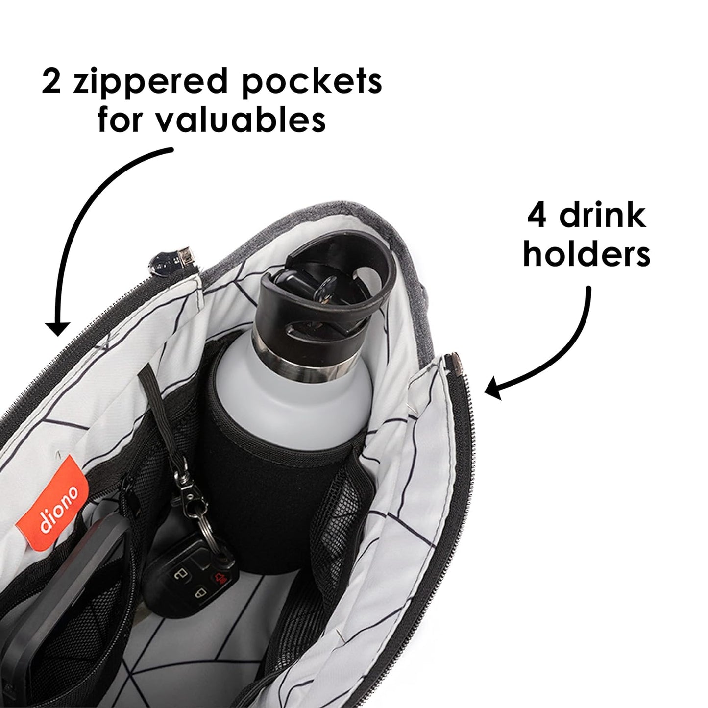 Diono Buggy Buddy Universal Stroller Organizer with Cup Holders, Secure Attachment, Zippered Pockets, Safe & Secure, Gray