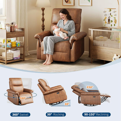 Power Recliner Chair, 270° Swivel Rocking Glider with USB Charging Port, PU Leather Upholstered Fabric and Button Tufted Backrest, Ergonomic Nursery Chair for Living Room (Beige)
