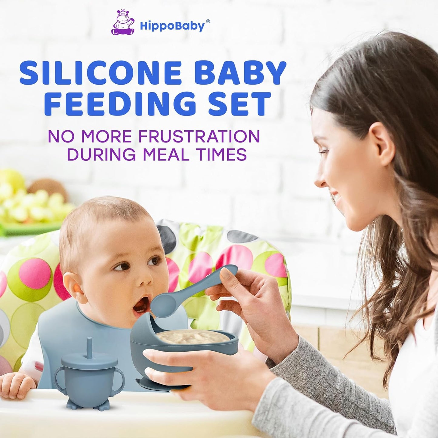 HippoBaby Baby Led Weaning Supplies | 10 Piece Silicone Baby Feeding Set | Baby Toddler Bib Cup Divided Plate and Bowl Self Feeding Spoons Dish Set | Baby Utensils | Toddler Feeding Supplies (Sky)