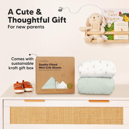 2-Pack Mini Crib Sheets Fitted - 38x26 Pack N Play Sheets for Pack and Play Mattress, Organic Cotton, Soft & Breathable Playard Bedding, Neutral Mini Toddler Bed Cover for Boys, Girls (Dragon Tale)