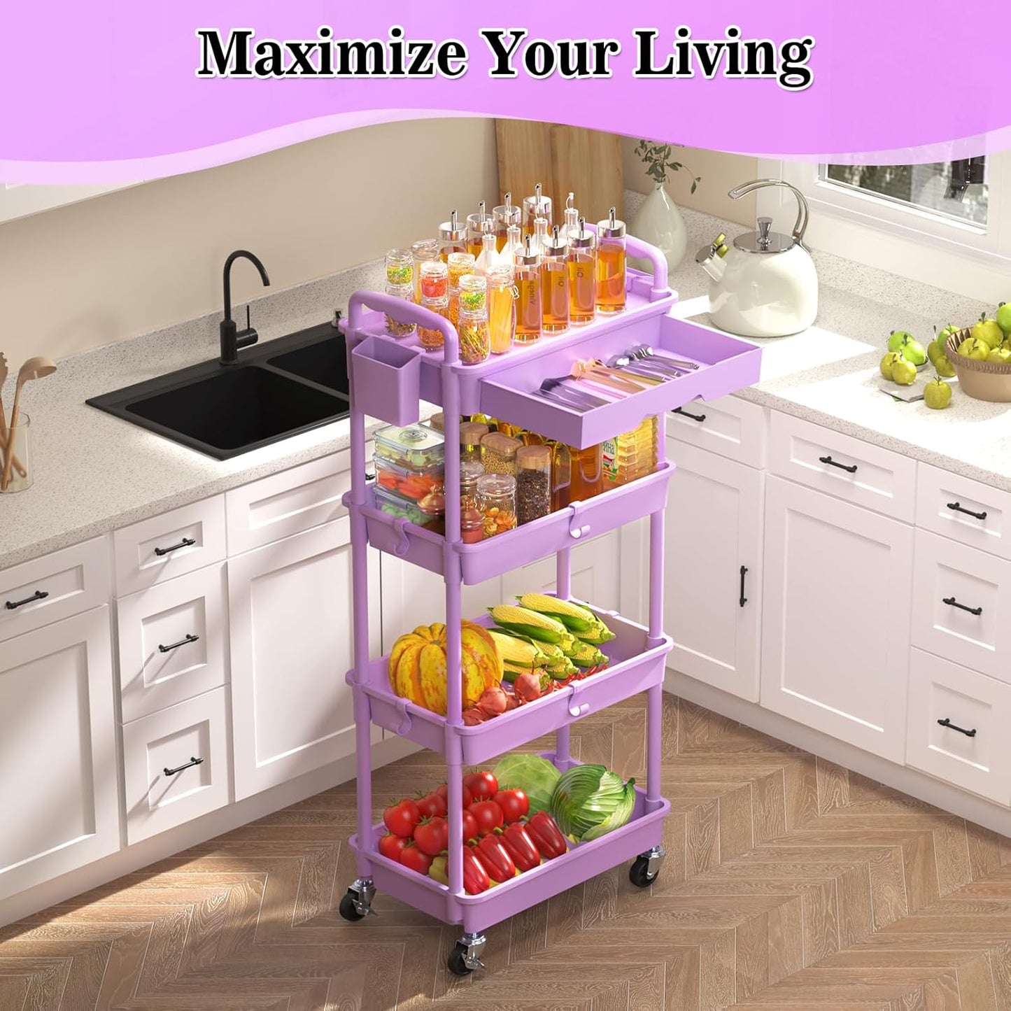 SUNALLY 3 Tier Rolling Cart with Drawer, Bathroom Storage Organizer with 2 Lockable Wheels, Multifunctional Rolling Storage Cart for Bathroom, Kitchen, Office, Craft, Makeup, Baby Essentials, White