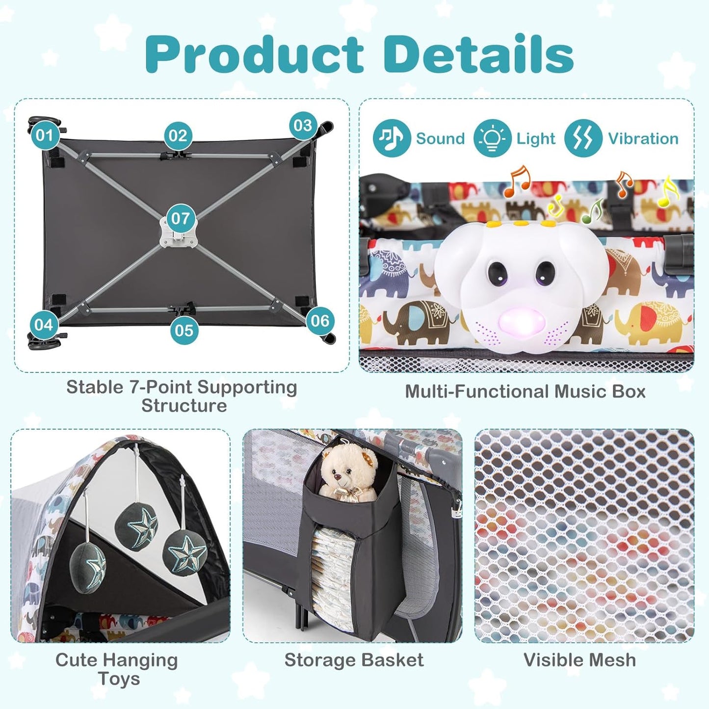 HONEY JOY Pack and Play with Bassinet, 4-in-1 Portable Baby Playard with Changing Table, Net & Cute Toys, Diaper Storage Bag, Music Box, Wheels with Brake, Foldable Newborn Play Yard w/Carry Bag