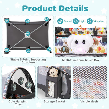 HONEY JOY Pack and Play with Bassinet, 4-in-1 Portable Baby Playard with Changing Table, Net & Cute Toys, Diaper Storage Bag, Music Box, Wheels with Brake, Foldable Newborn Play Yard w/Carry Bag