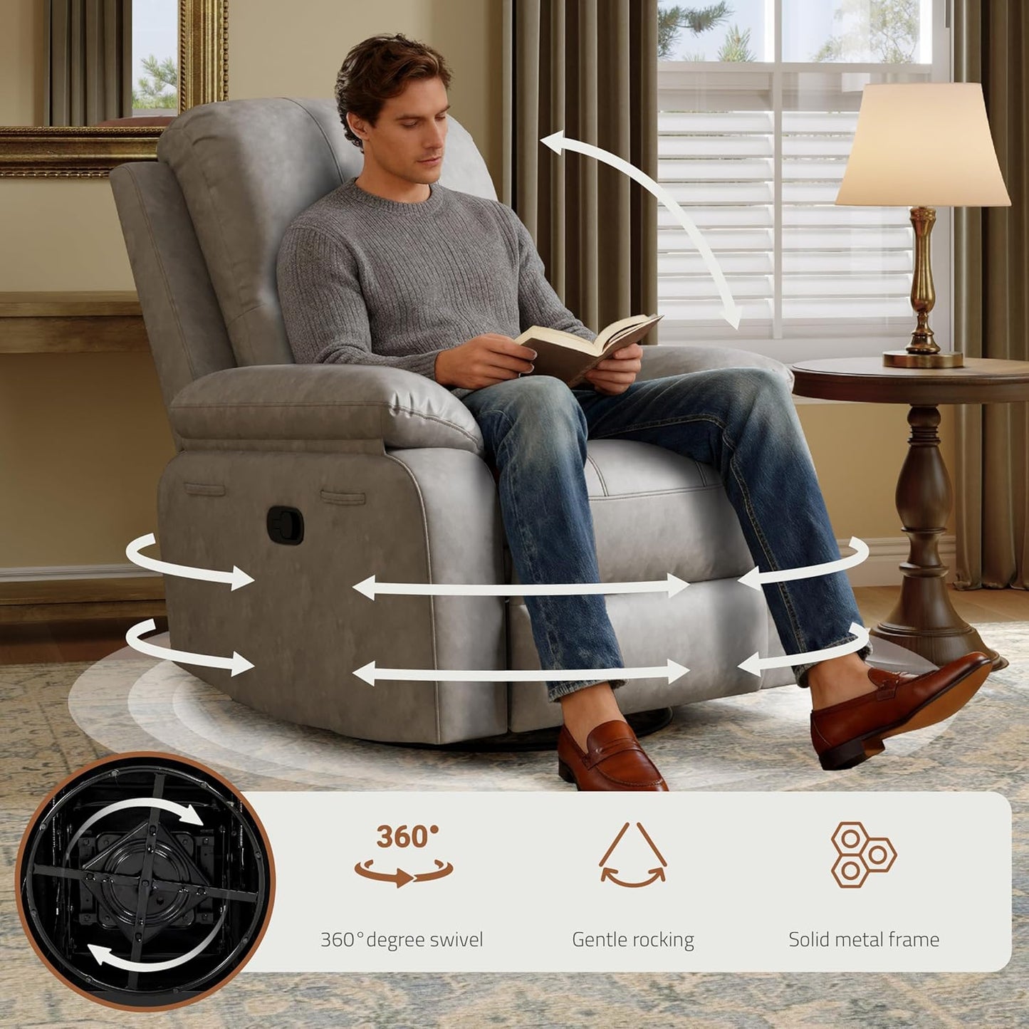 Leather Swivel Rocker Recliner Chair, Traditional Manual Chair, Upholstered Nursery Glider Rocking Recliner, Comfy Faux Leather Single Sofa with Pocket Spring for Living Room, Camel