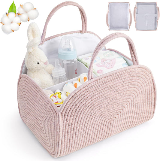Diaper Caddy Organizer for Baby, Cotton Rope Baby Gift Basket, Portable Diaper Organizer for Changing Table, Diapers Nursery Storage Organizer for Travel, Camping, Green Baby Shower Gifts for Newborn