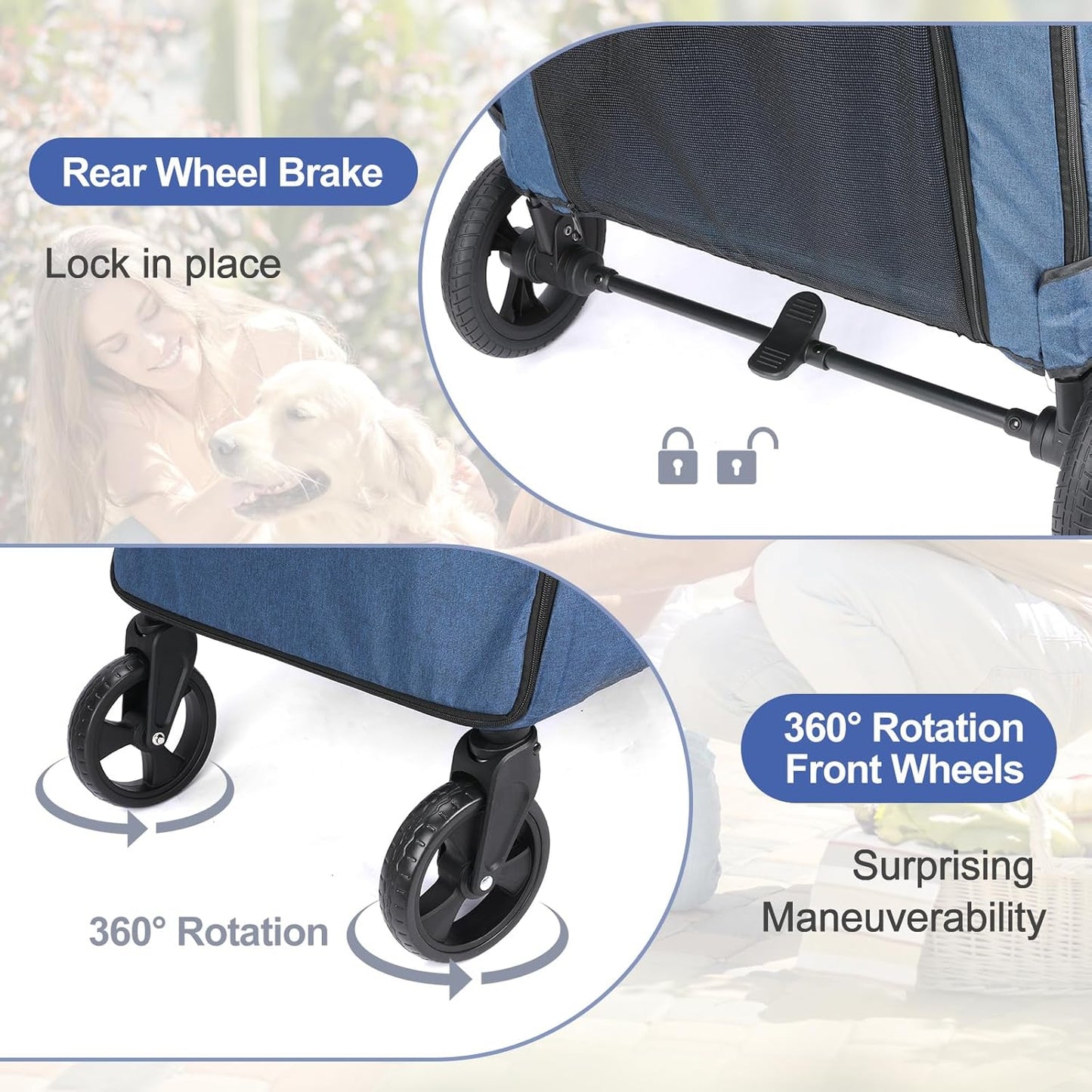Large Dog Travel Stroller with 4 Heavy Duty Wheels Pet Stroller with Adjustable Handle - Double Doggie Capacity Jogger Wagon with Back Front Door for Small Medium Large Dogs (Dark Light Gray)