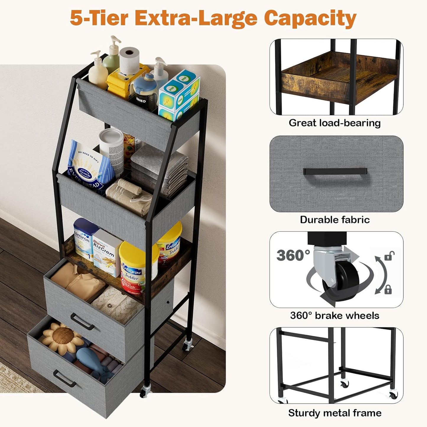 Baby Diaper Caddy Organizer and Storage - 5 Tier Rolling Cart with Dividers and Drawers, Mobile Utility Cart with Wheels for Nursery, Bedroom, Changing Table & Crib